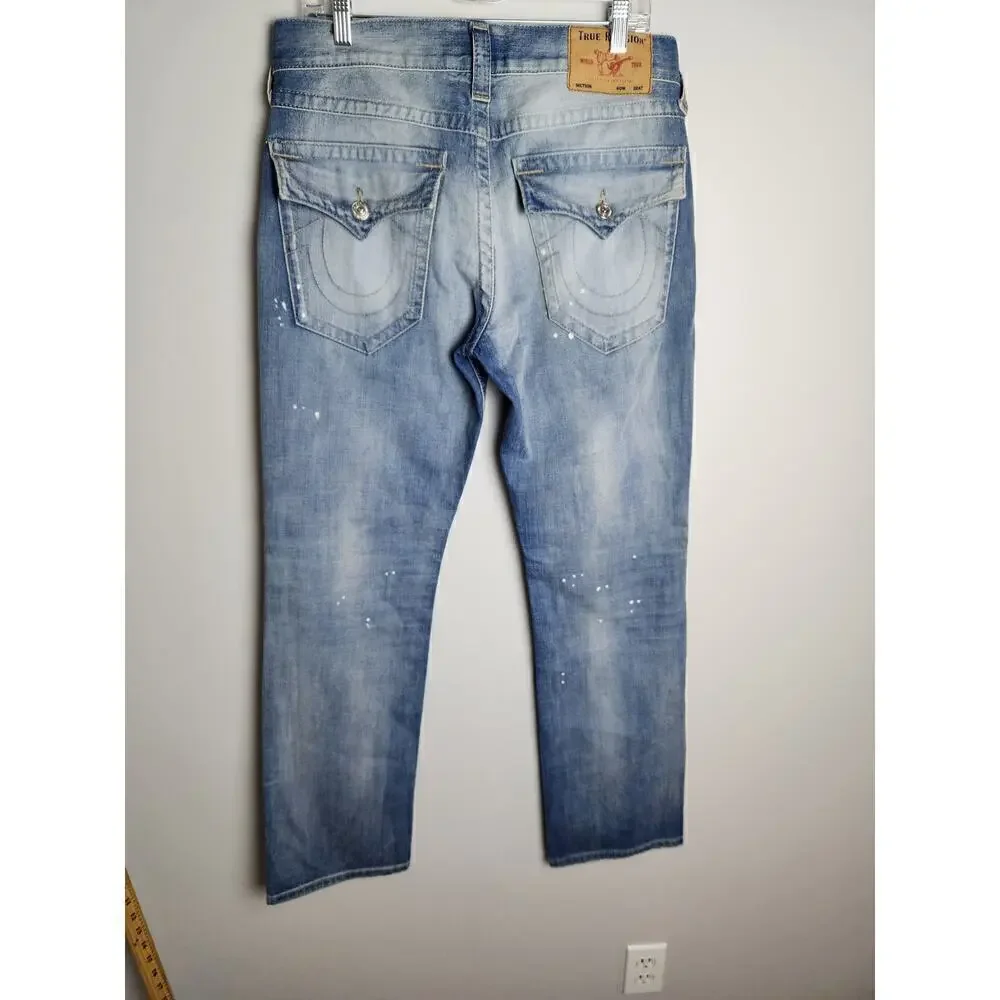 True Religion Mens Ricky Relaxed Straight Flap Jeans sz 32×33 factory distressed